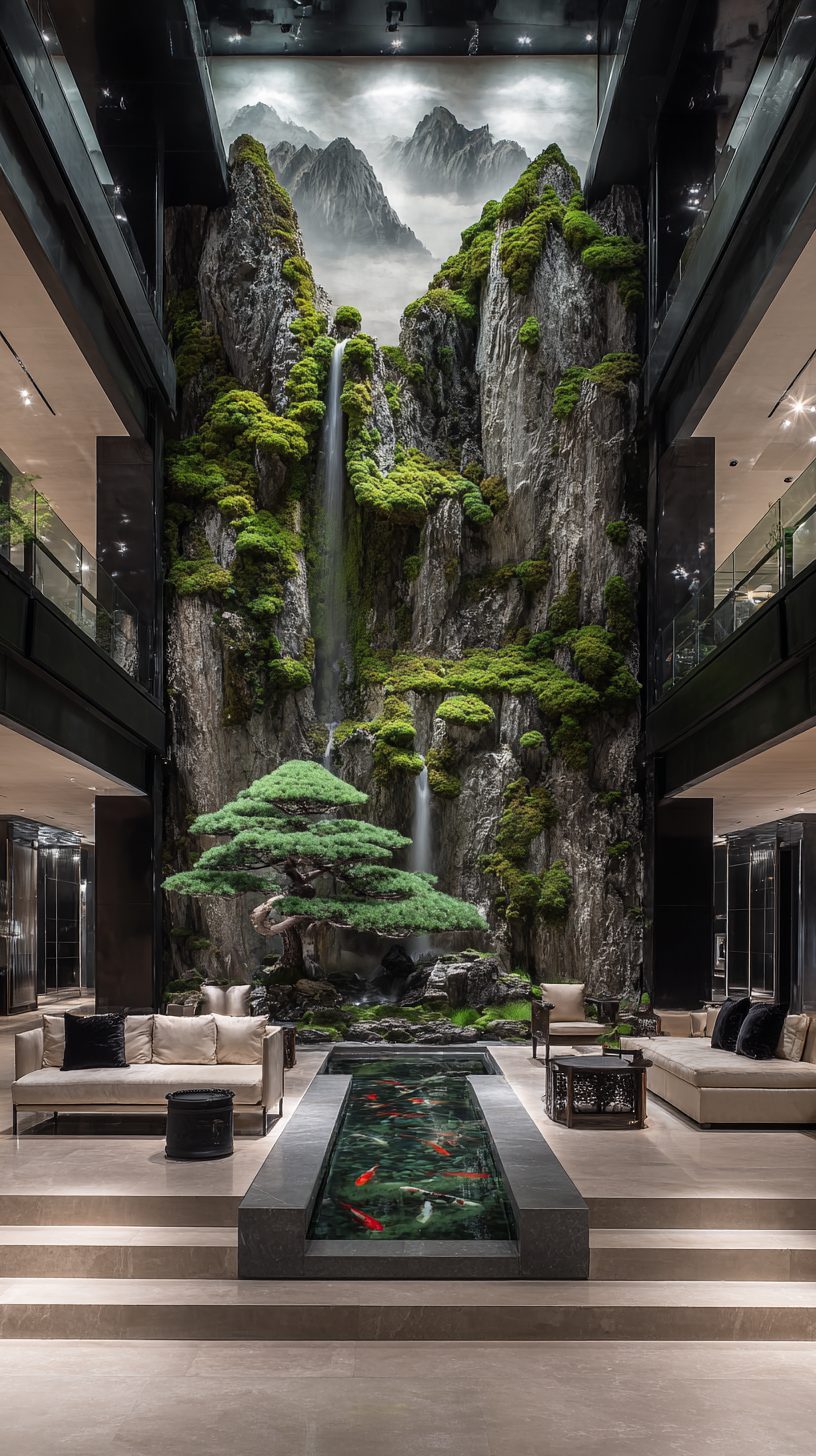 Wimacons living lobby installation — monumental waterfall rock face with bonsai tree, lightweight foam-core, five-star hotel