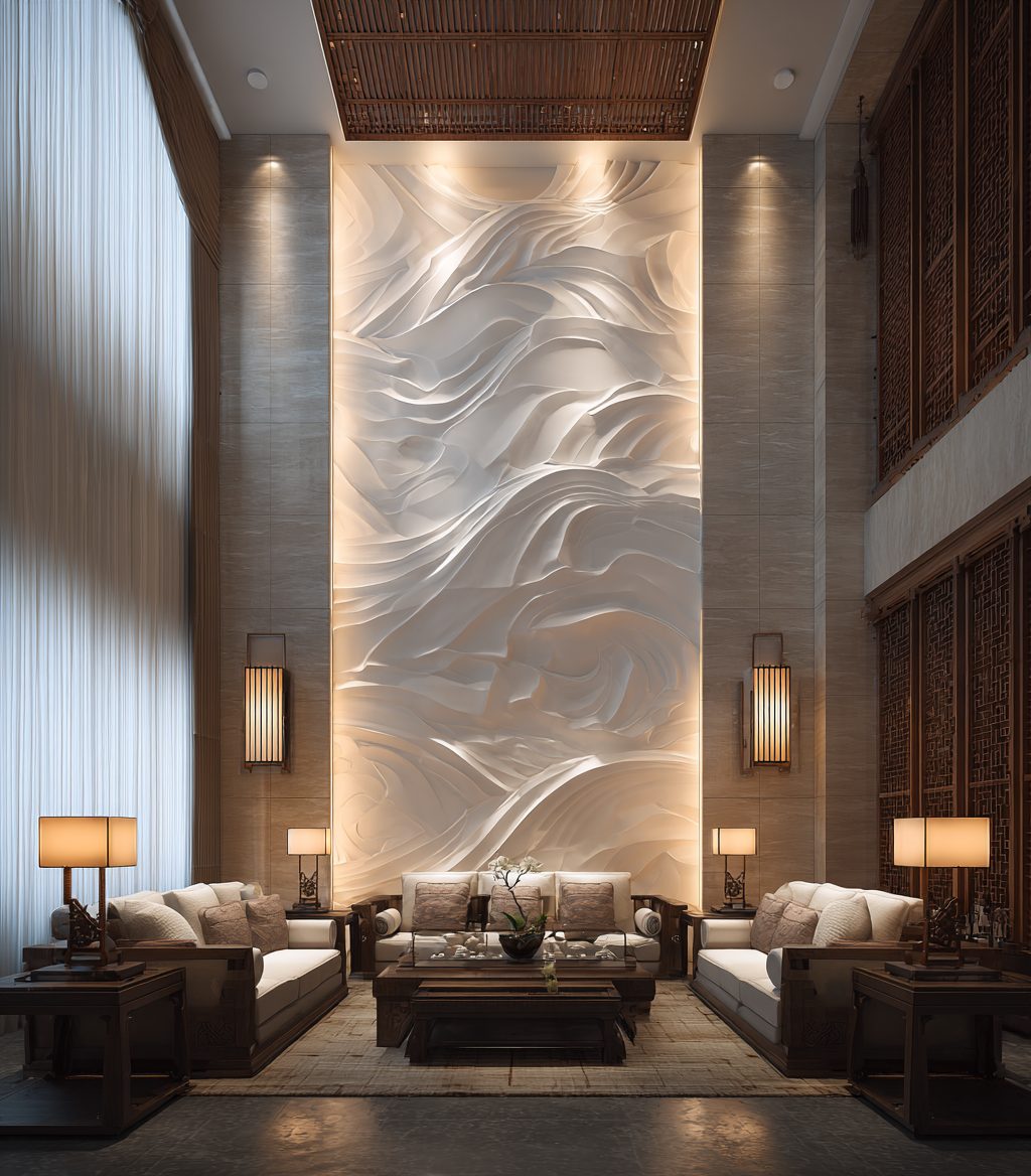 Wimacons large abstract impasto wall art — oversized textural painting, foam-core fabrication, luxury hotel suite Belgium