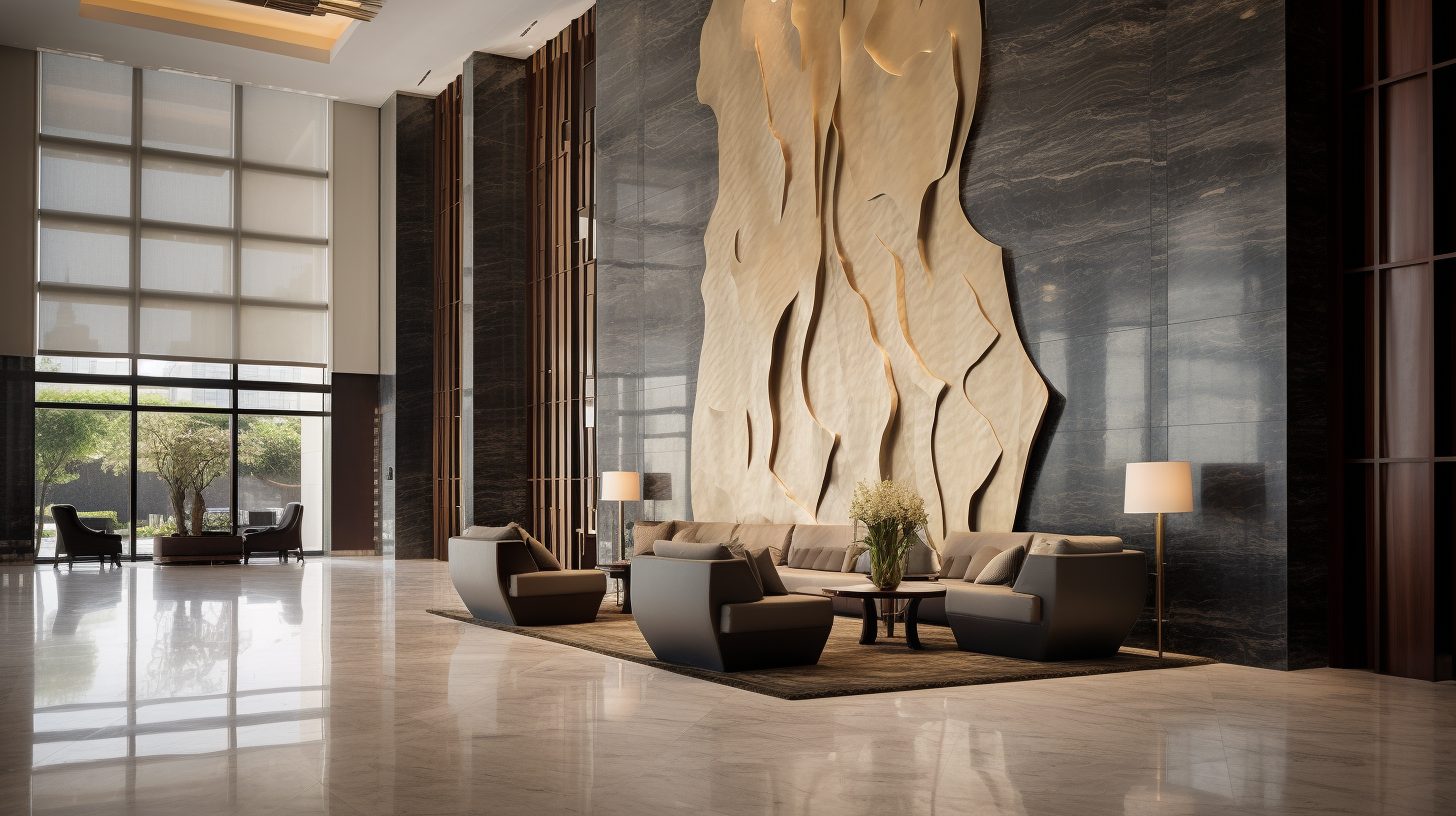 Wimacons reception feature wall — monumental relief installation behind front desk, foam-core fabrication, luxury hotel lobby