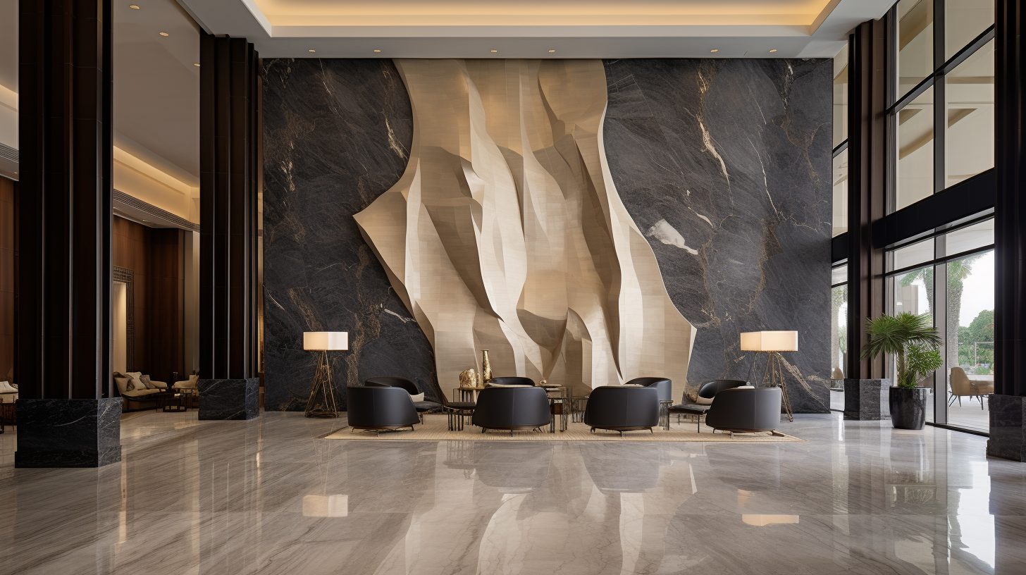 Wimacons reception feature wall — monumental relief installation behind front desk, foam-core fabrication, luxury hotel lobby