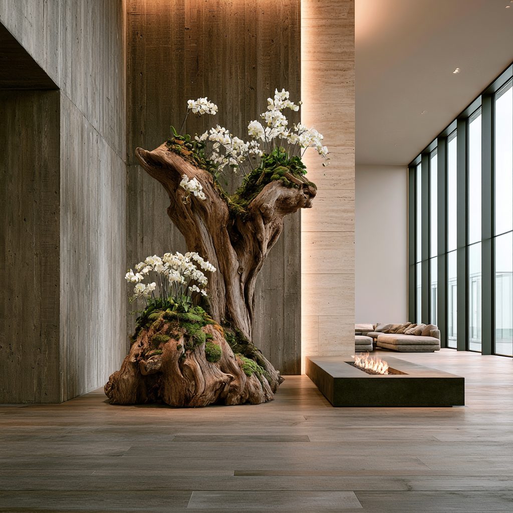Finished driftwood root sculpture installation with living orchids, executed to the original concept sketch, Wimacons