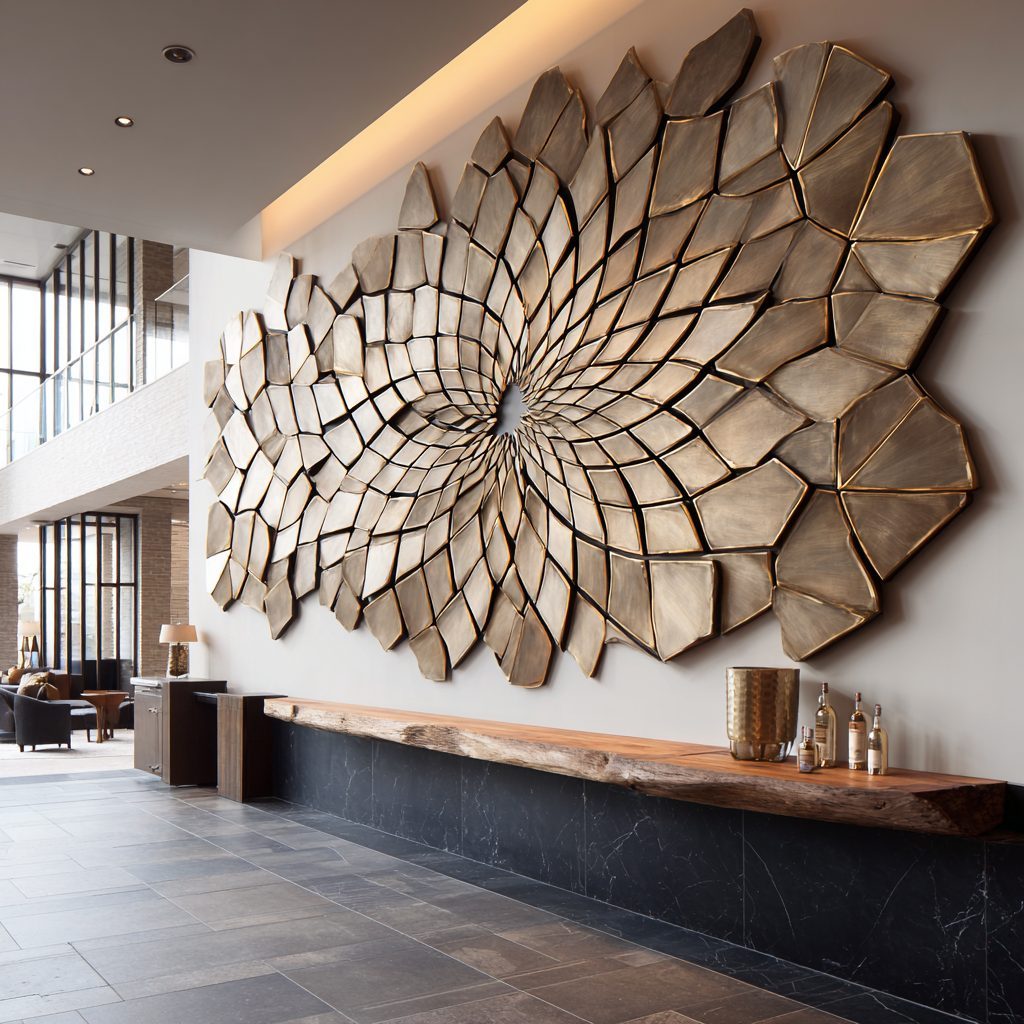 Finished faceted bronze petal wall sculpture, executed to the original concept sketch, Wimacons